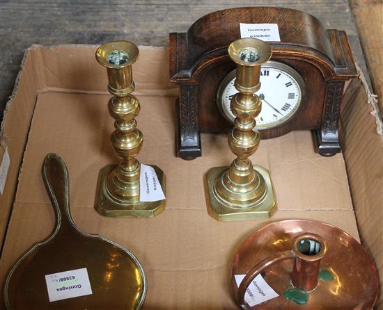 Oak framed mantel clock, pair Victorian brass candlesticks, brass hand mirror and hammered copper chamberstick (5)